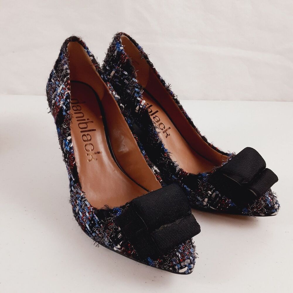Daniblack Womens Size 6.5 Heeled Wedge Pumps Red/Blue/White/Black Bow Point Toe